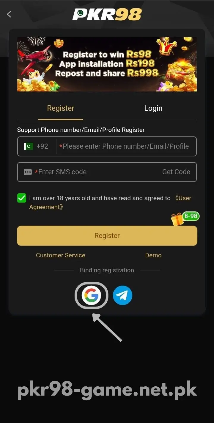 Click on Google Icon to Register With Google